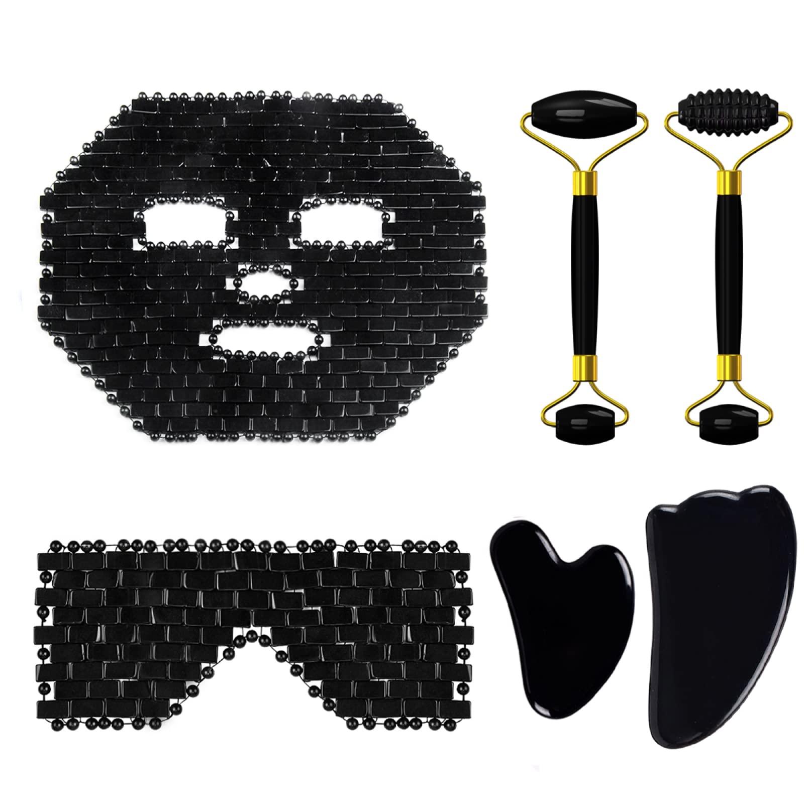 IDOBLO Natural Obsidian Face Mask Facial Care Massage Roller Gua Sha Board Black Crystal Eye Relax Care Tools,4in1 Set