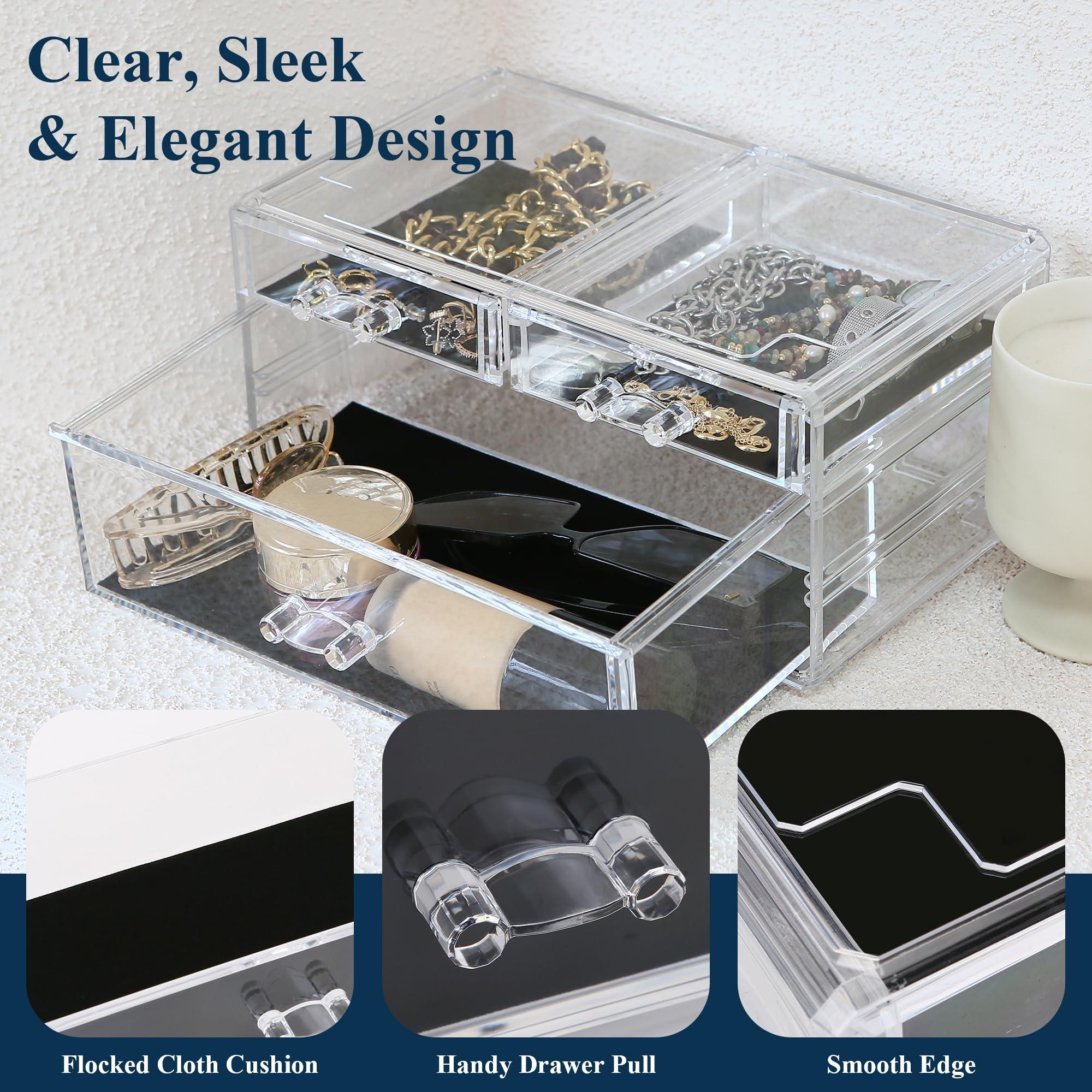 Sea Team Sea Team Clear Makeup Organizer with Drawers, Acrylic Plastic Cosmetic Display Case, Jewelry Storage Box, Holder for Dresser, Bathroom, Vanity, Countertop (1 Large, 2 Small Drawers)