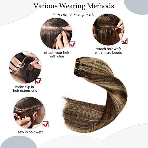 Ubetta Sew in Hair Extensions Real Human Hair,Balayage Weft Hair Extensions Human Hair Dark Brown Highlighted Ash Brown Hair Extensions Human Hair Bundles Hand Tied Weft Hair Extensions Human Hair 22" 120G