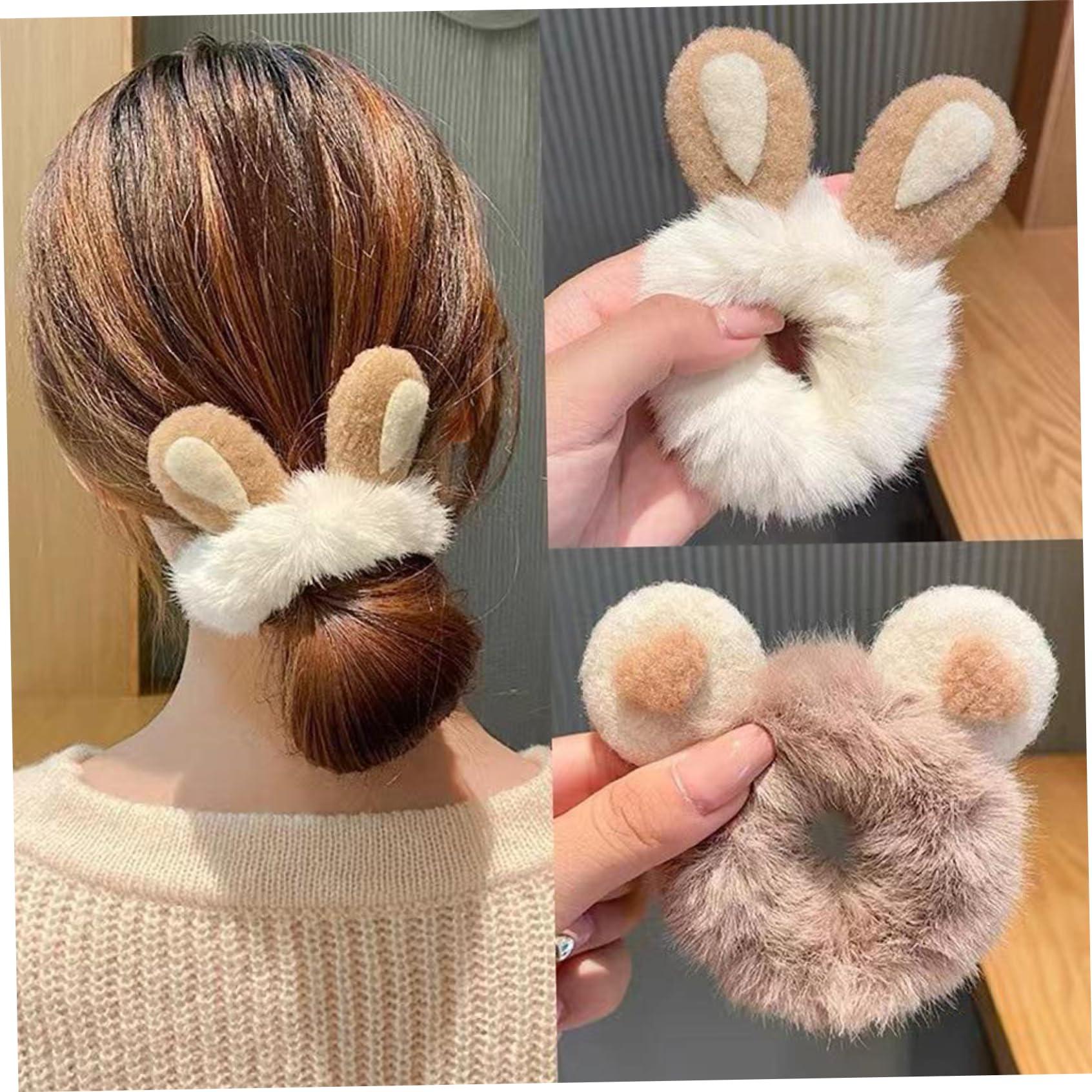 Hperu 4PCS Cute Scrunchies,Scrunchies for Girls Elastic Fluffy Scrunchies Rabbit/Bear Ear Cute Scrunchies Plush Fluffy Hair Ties Portable Thick Hair Bobbles