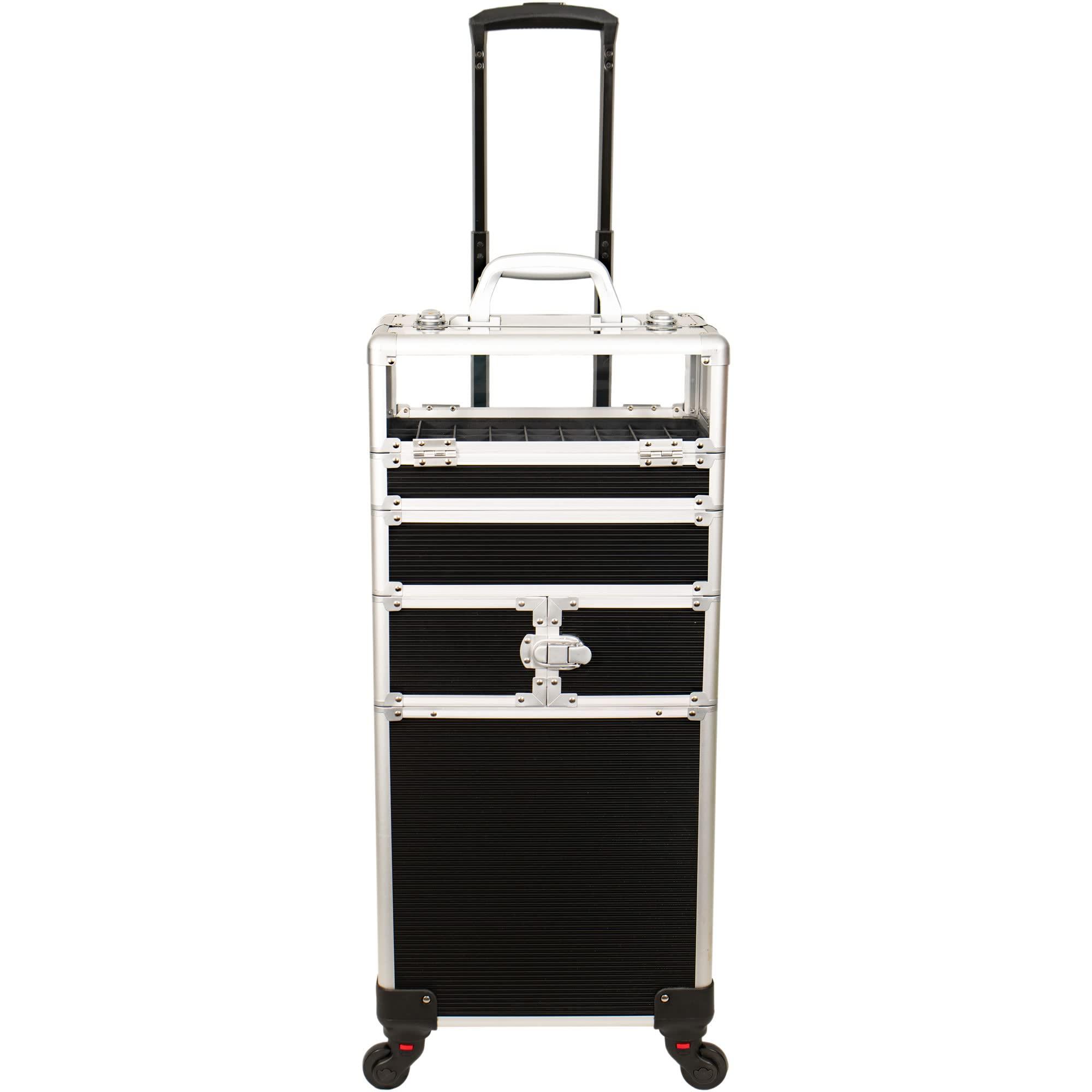 JC Beauty JC Beauty 7 in 1 Professional Interchangeable Rolling Makeup Nail Tech Train Case Travel Storage Clear Acrylic, Black Stripe