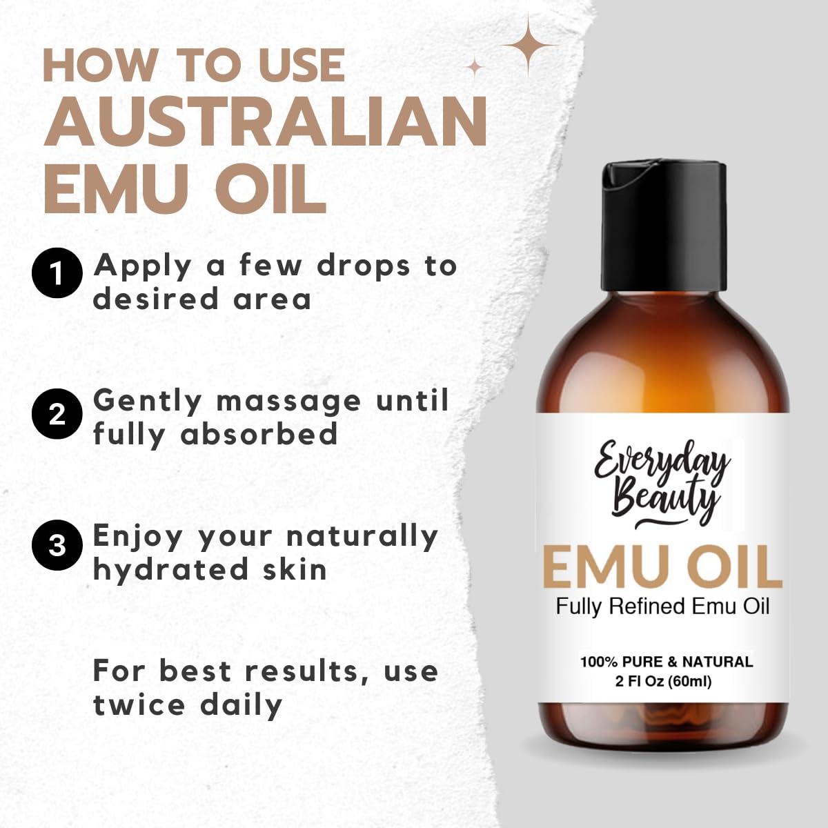 Everyday Beauty Helping You Feel Beautiful Ins Pure Australian Emu Oil - All Natural 6X Refined for Face, Skin and Hair - Highly Effective Hydration for Sensitive Skin and Hair Growth - Perfect for Scars and Blemishes - 2 Fl Oz