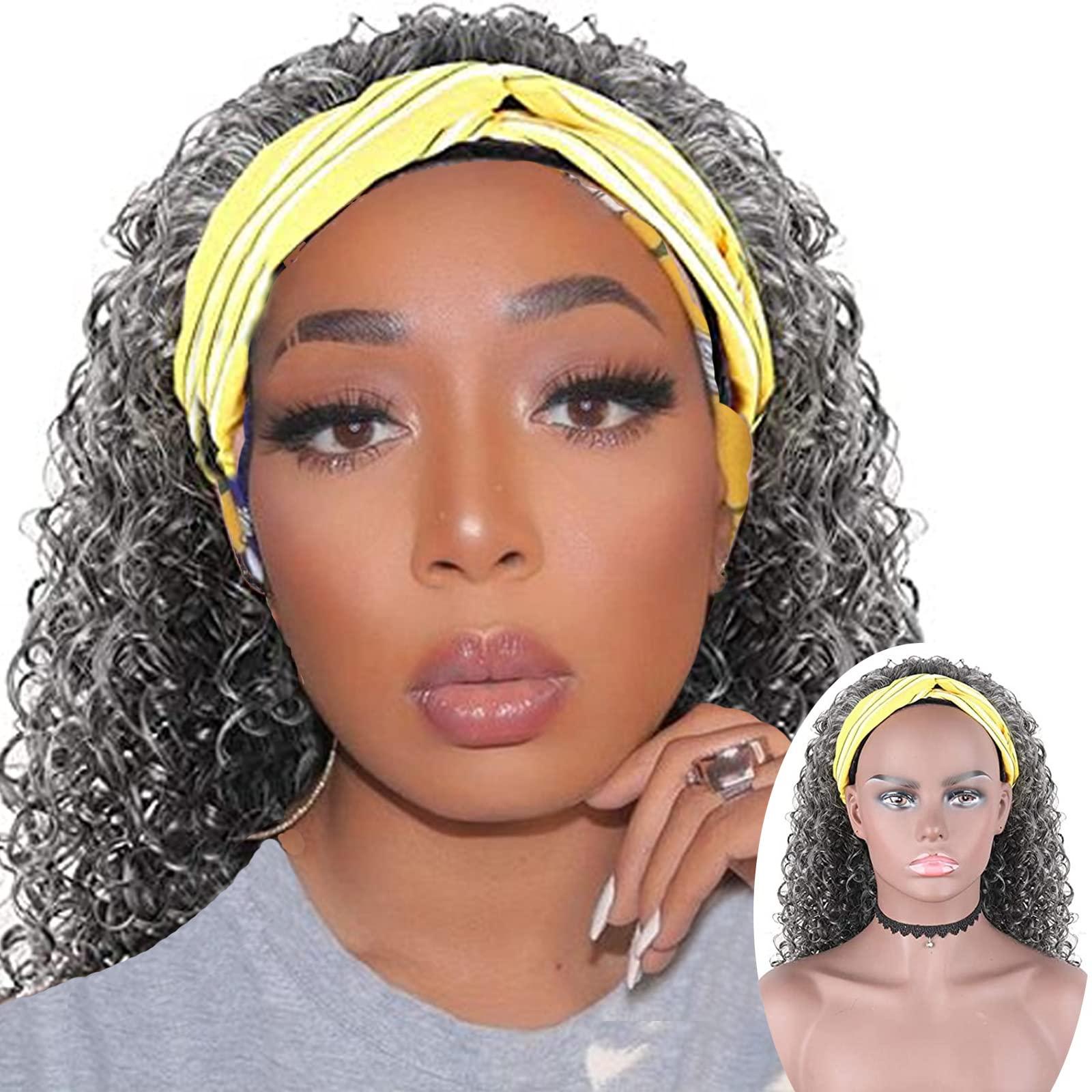 Oseti Oseti Curly Gray Headband Wig Long Wavy Headband Half Wigs for Black Women Grey Head Band Wigs, Water Wave Headband Wigs Heat Resistant Synthetic Long Wigs with Headband Attached for Black Women
