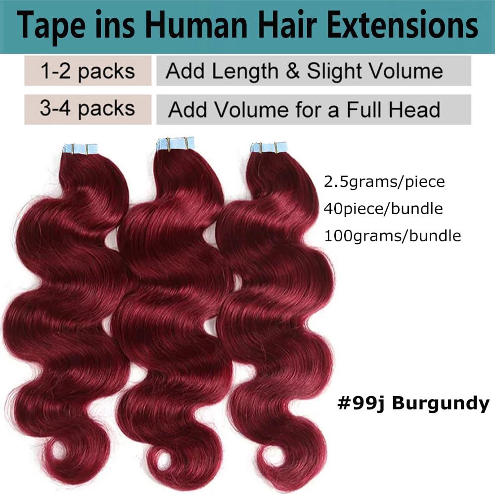 Kiss darling LASHES Tape in Hair Extenions 99j Burgundy 100% Remy Human Hair Tape in Body Wave 20inch 100g/40pcs Seamless Skin Weft Tape Hair Extensions Real Natural Hair Extensions