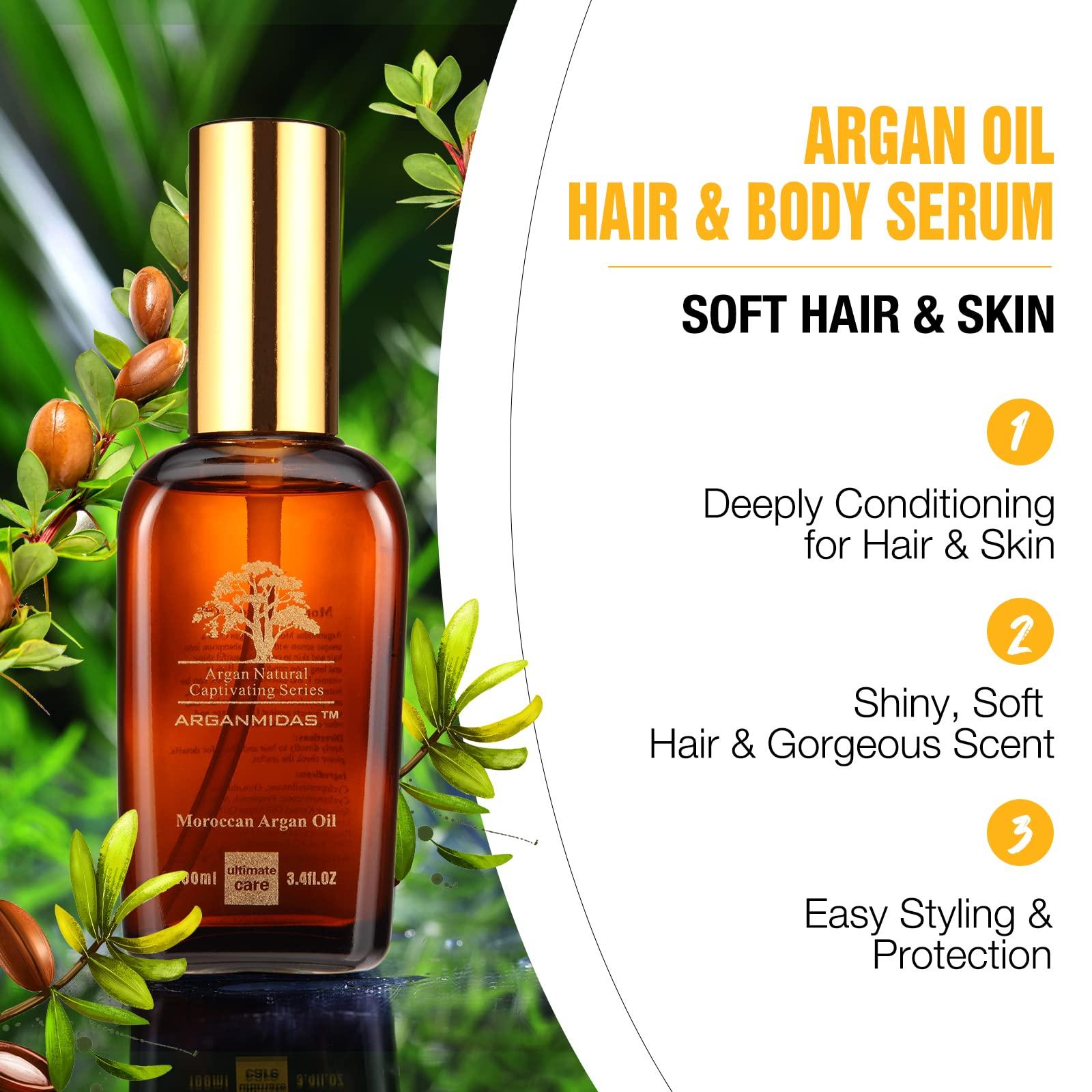 ARGANMIDAS ARGANMIDAS Hair Oils, Moroccan Argan Oil for Hair and Face Skin Moisturizer, Leave Hair Soft & Shiny, Hair Treatment oil for Men Women Dry Damaged Frizzy Hair, 3.4 Fl Oz
