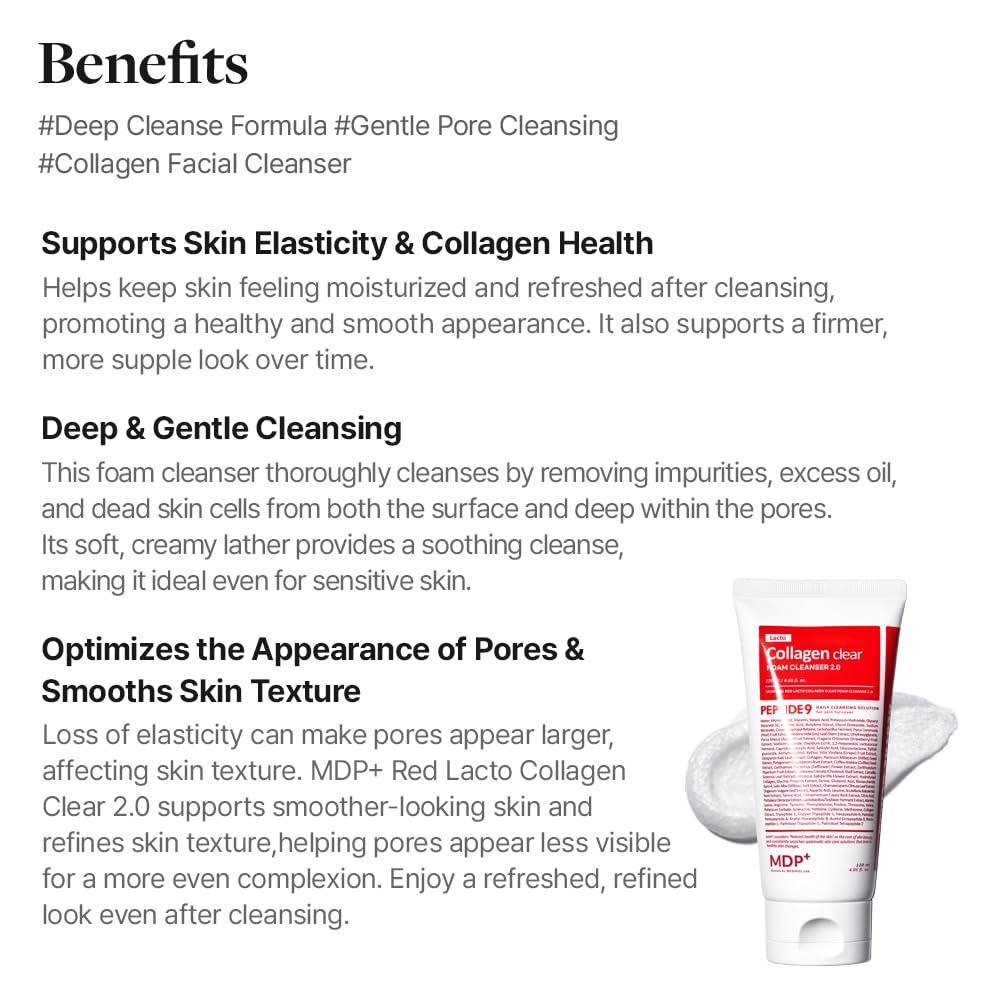 MDP MDP+ RED LACTO COLLAGEN CLEAR 2.0, Peptide, Deep Pore Cleansing, Hydrating|4.05oz/120ml,Pore Tightening, Hydrating Cleanser, Daily Moisturizing Cleanser, Foaming Facial Wash