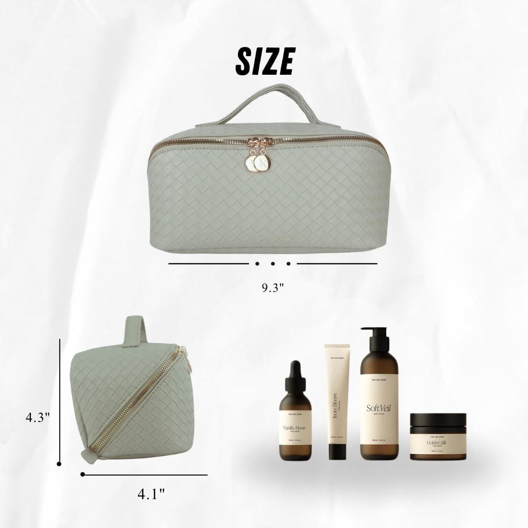 Generic Large Capacity Makeup Bag, PU Leather Makeup Bag Organizer, Toiletry Bag for Women, Travel Makeup Bag with divider, Cosmetic Bags for Women, Leather Waterproof Cosmetic Bag, Open Flat Design (Green)