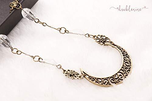 Doubnine Doubnine Crescent Moon Drop Pendant Tassels Bronze Head Chain Black Beads Headband Retro Natural Stone Crystal Hair Accessories Headpiece for Women Bride Wedding (Clear Beads) (clear beads)