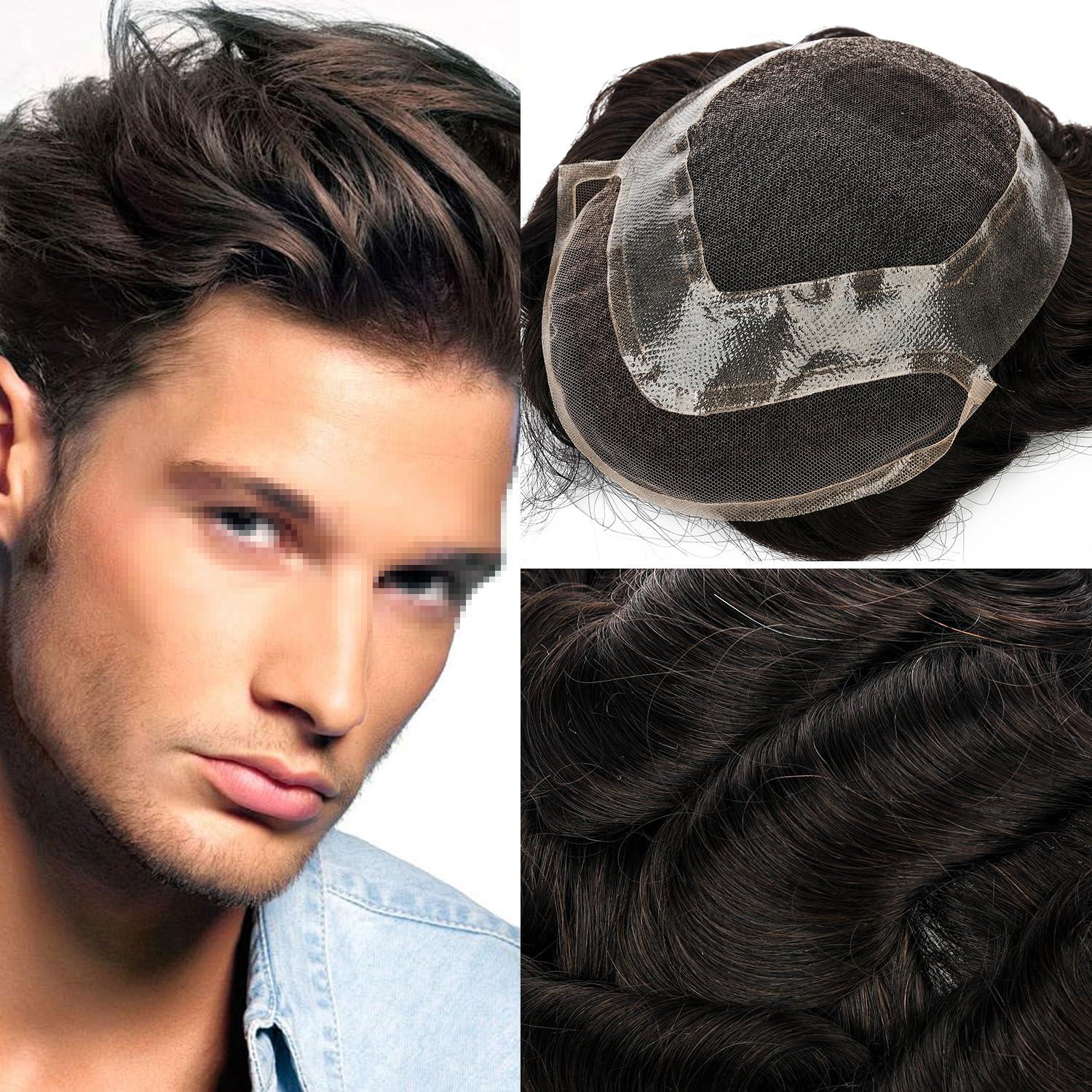 Blayzehair Toupee For Men Hair Replacement System Swiss lace Men Toupee European Human Hair HD Lace Hair System Poly Skin PU Around Men Hair Piece. (2# Darkest Brown, 6x8\"-100% Light Med-Light Density)