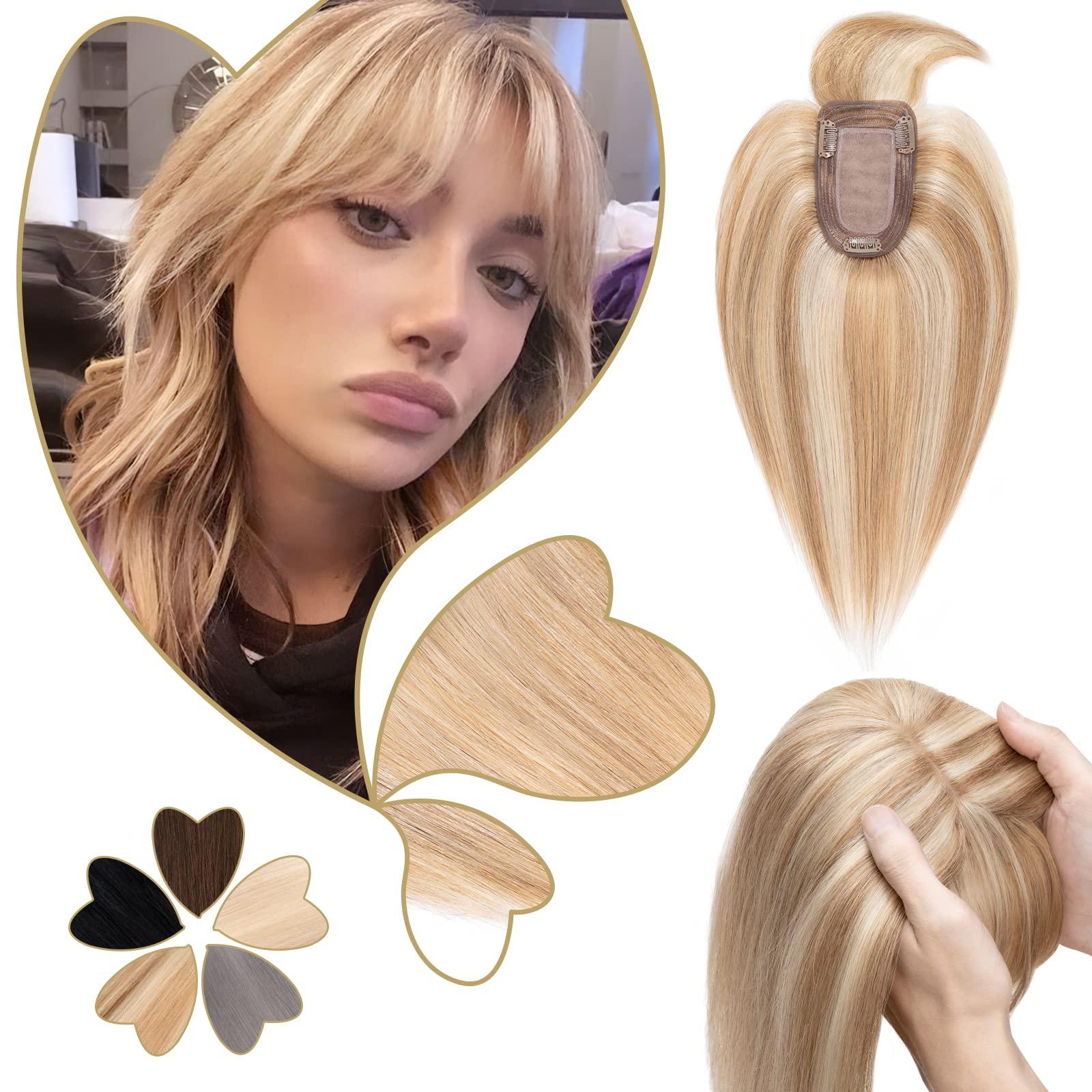 Benehair Benehair Clip in Hair Topper with Bangs Secret Topper Wiglet 100% Human Hair Clip in Top Hairpieces Fringe Bang Replacement Wiglet for Womem with Thinning Hair #27 Dark Blonde 10inch 33g