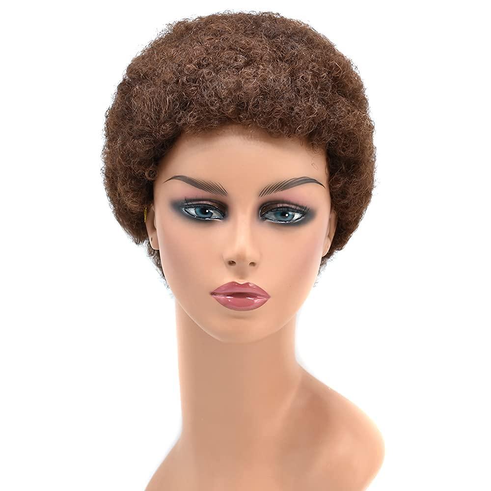 SINGA HAIR SINGA HAIR Human Hair Afro Wigs Short Brazilian Hair African American Curls Wig for Black Women Full Volume Cap Afro Wig (4# Medium Brown)