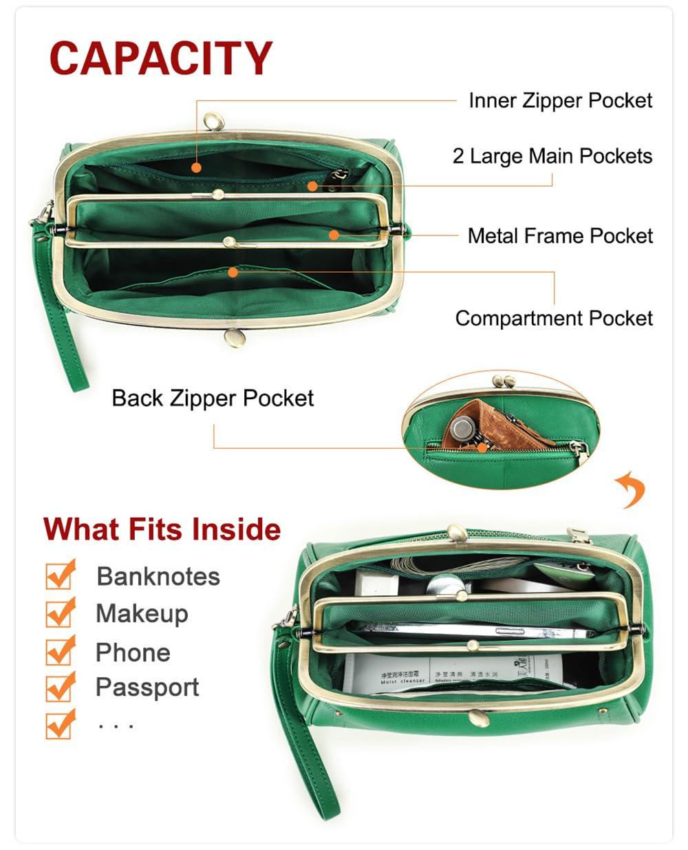 ZBOLI Cosmetic Bag for Woman,Kiss Lock Clutch Bag Genuine Leather Evening Bag Kiss Clasp Wrist Wallet Vitange Handbag (RED)