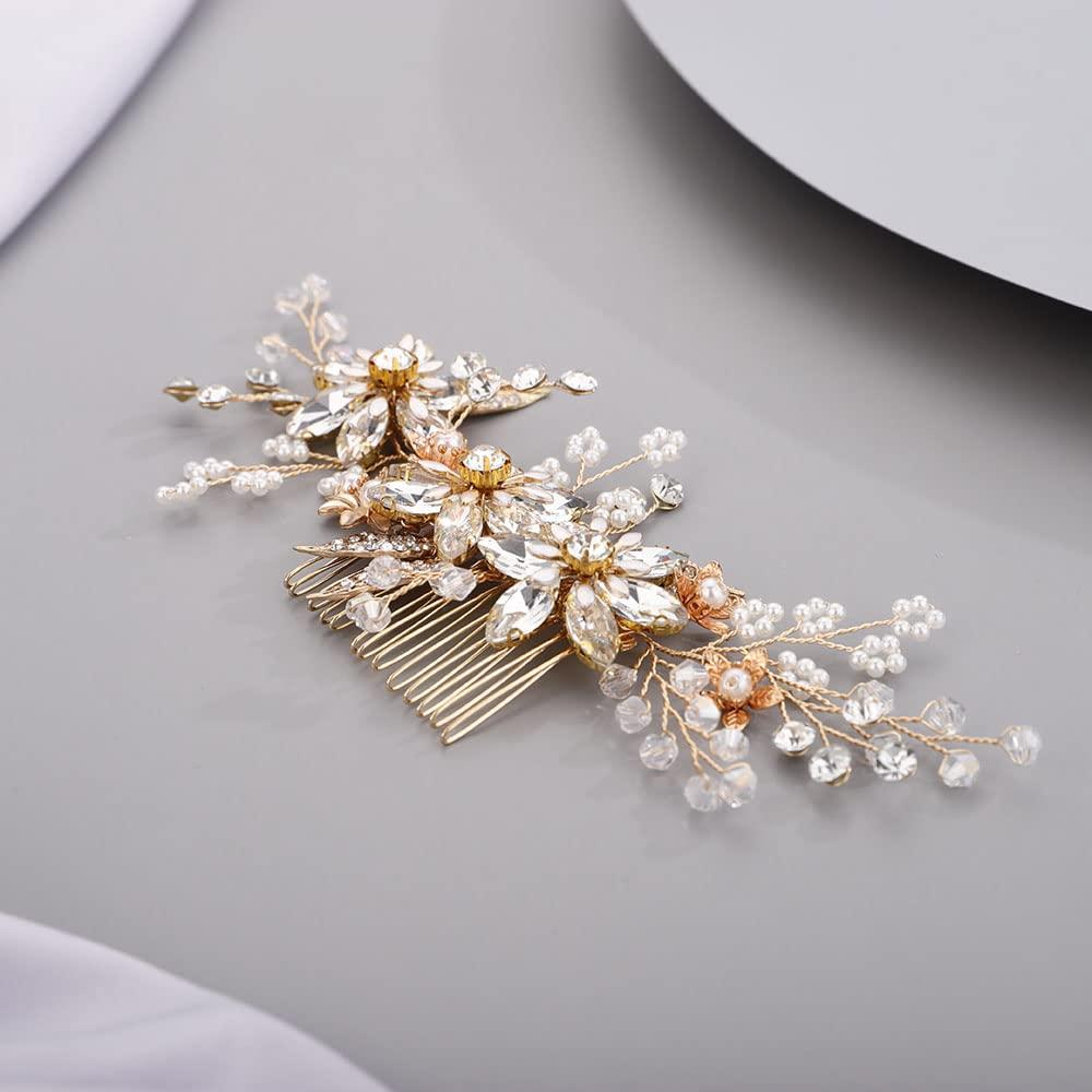 Chargances Chargances Wedding Crystal Flower Hair Comb for Women Bridal Pearl Beaded Hair Side Comb Fashion Leaf Flower Hair Vine Comb Rhinesotne Headpieces Bride Wedding Prom Flower Girl Hair Accessories