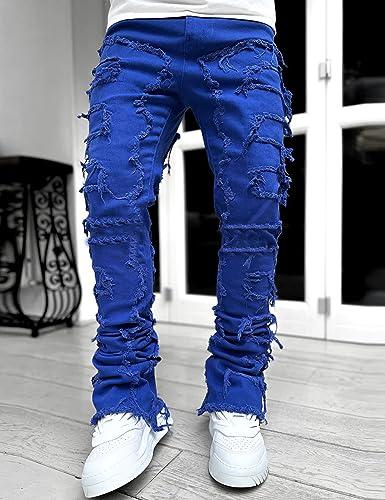 COOLMONAR COOLMONAR Men\'s Ripped Distressed Destroyed Slim Fit Straight Leg Denim Jeans