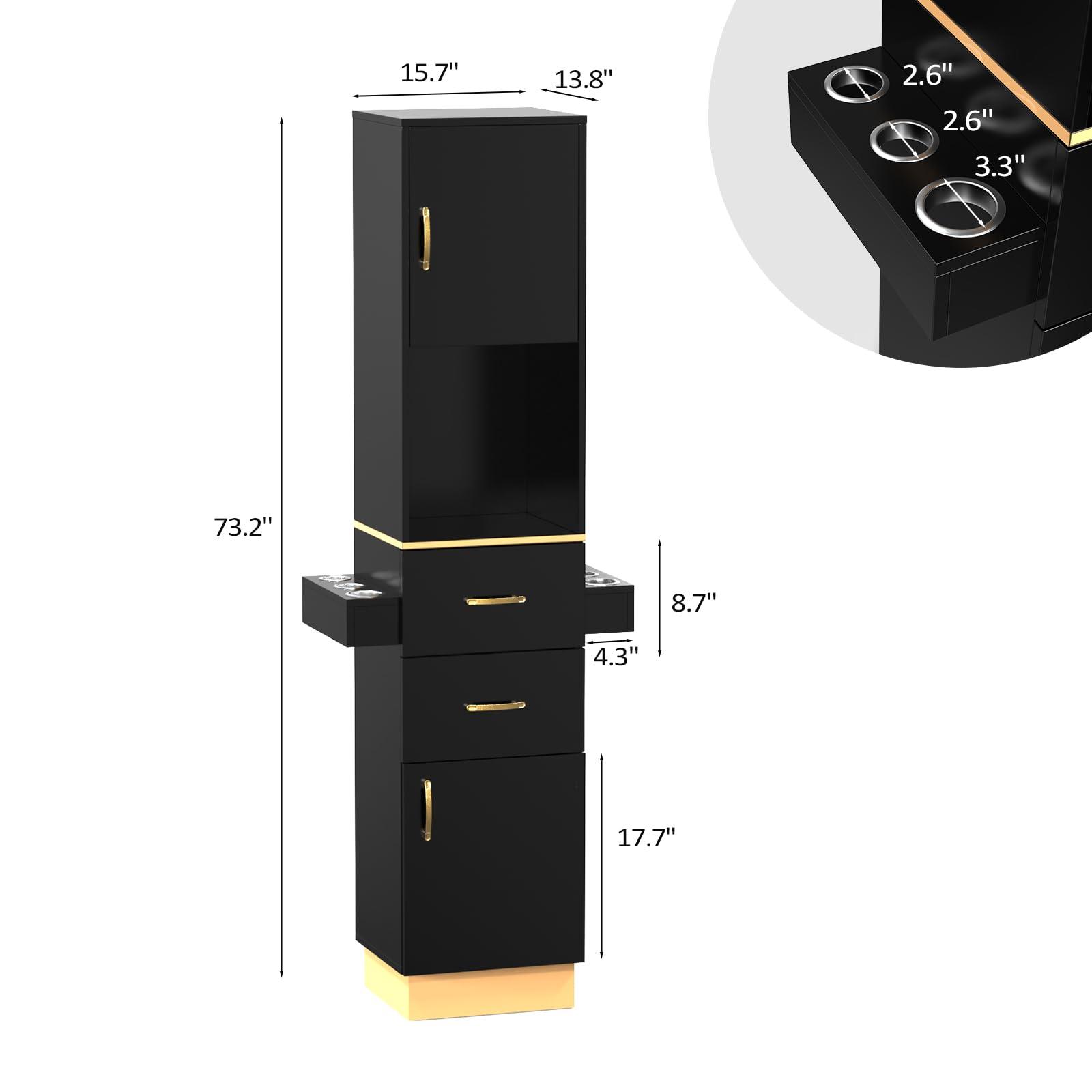 OmySalon Salon Stations for Hair Stylist, Barber Station Hair Salon Station, Beauty Salon Spa Equipment with 2 Drawers, 2 Storage Cabinet, 6 Hair Dryer Holders for Hair Styling, Black Gold