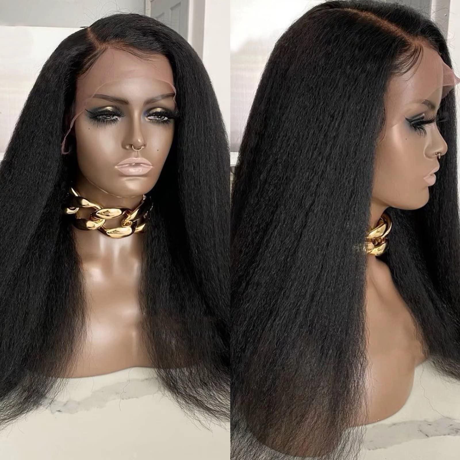 Imeya Imeya 24 Inch Yaki Lace Front Wigs Human Hair Natural Black Color Kinky Straight Human Hair Wig Brazilian Remy Hair Pre Plucked with Baby Hair Can be Washed and Ironed Wig 150% Density 13x6 HD Lace