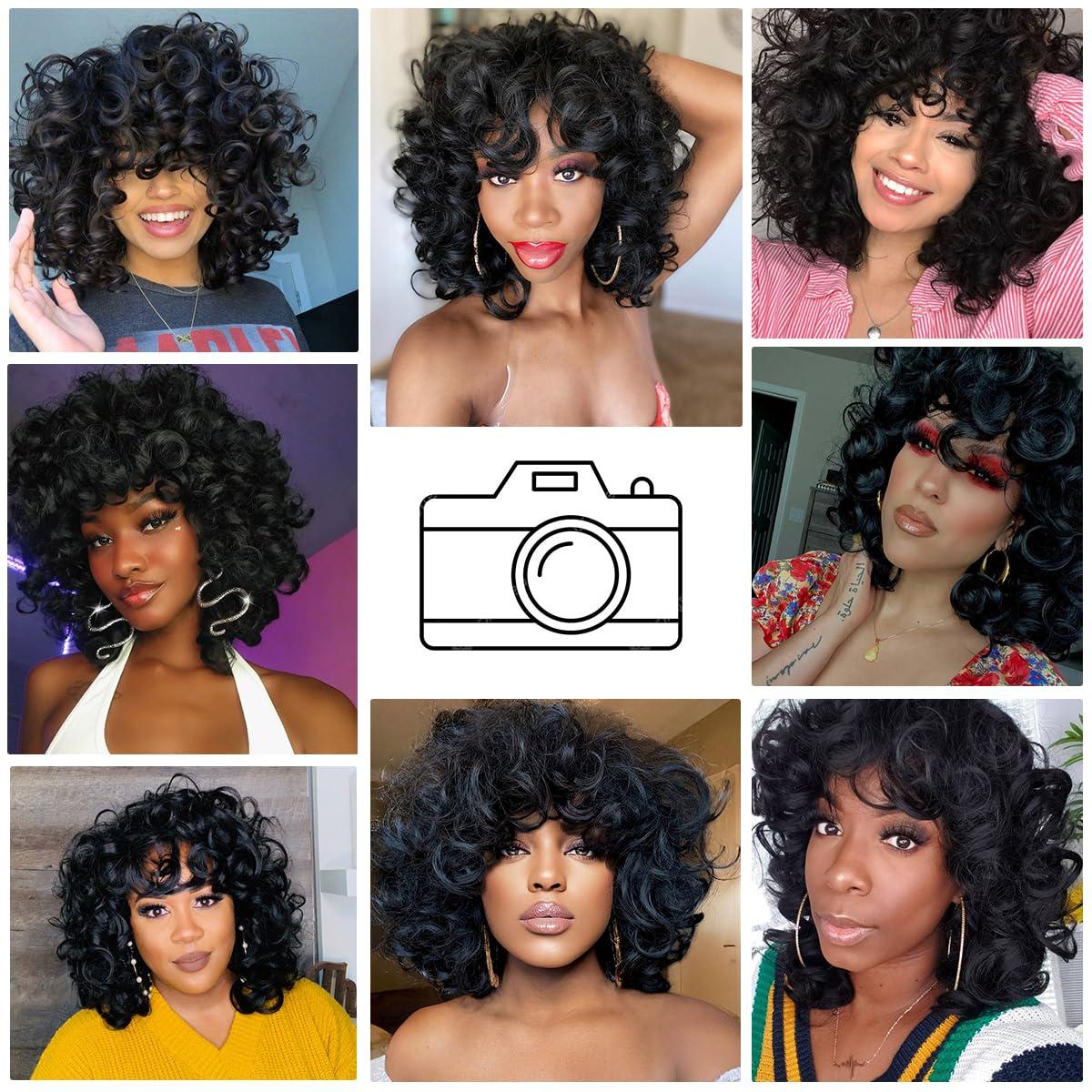 ELIM ELIM Curly Wigs for Black Women Short Kinky Curly Black Wigs for Women Big Curly Afro Soft Wig with Bangs Heat Resistant Natural Cute Synthetic Wig with Accessories Z014