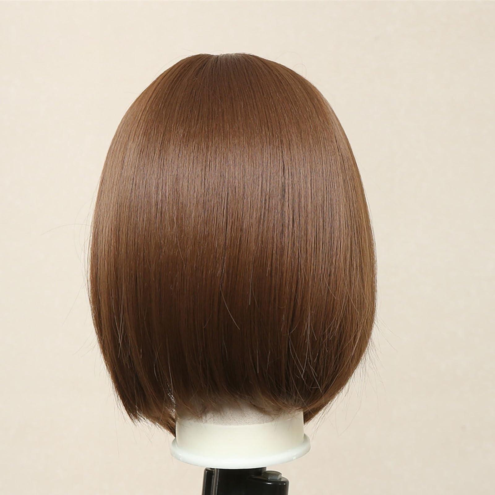 POWHA POWHA Short Auburn Wig with Bangs for Women Natural Synthetic Hair Ombre Wig with Dark Roots Loose Wavy Wig, size