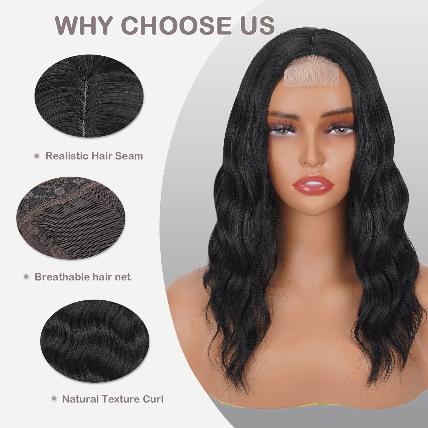 MeaYOO MeaYOO Short Wavy Black Wig for Women, Soft Wavy Wig with Lace, Shoulder Length Middle Part Curly Wavy Bob Wig, Natural Looking Synthetic Heat Resistant Fiber Wig for Daily Party Use 14 Inch