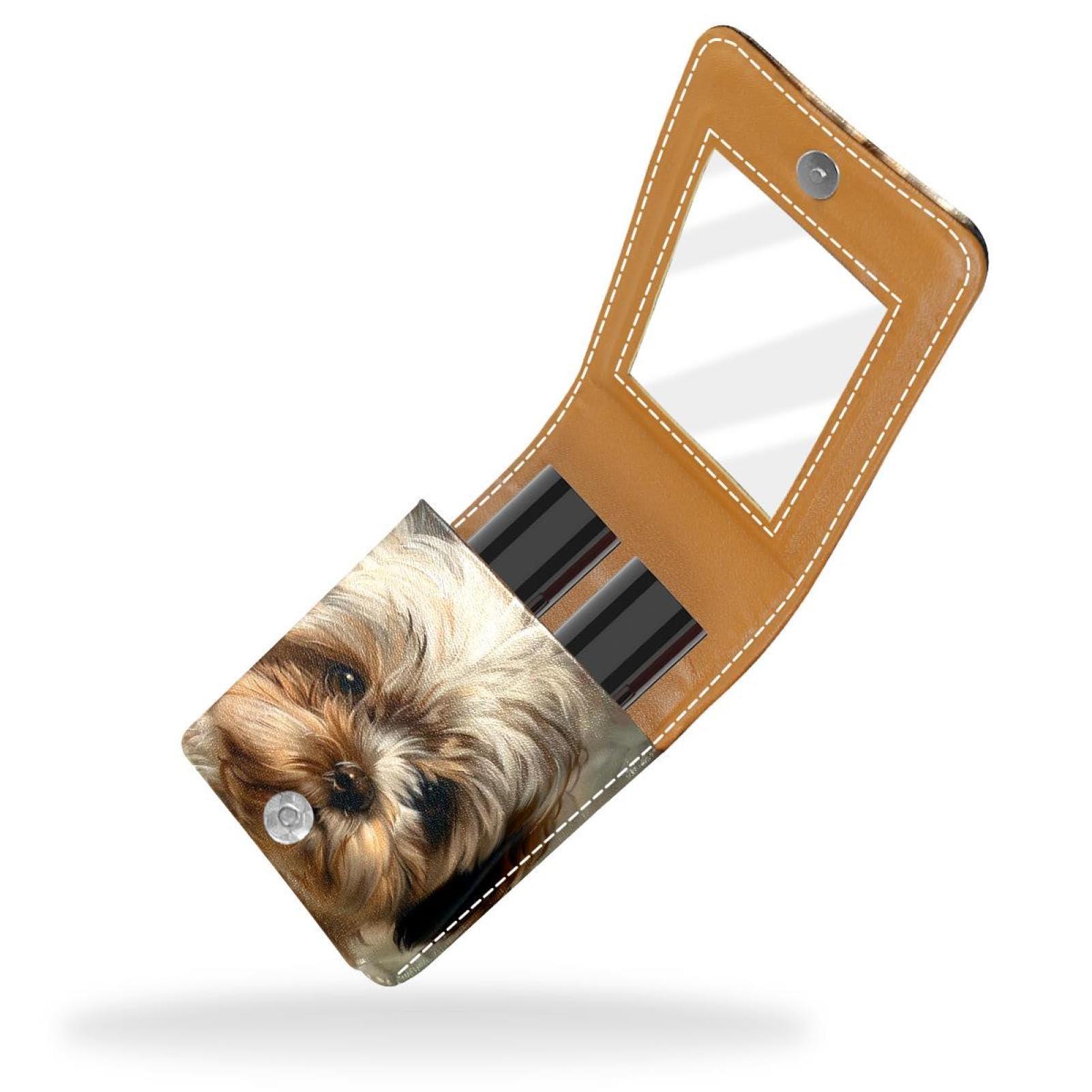 Diusye Lipstick Case Brown Shih Tzu Dog Puppy Prints Mini Lipstick Holder Organizer Bag With Mirror for Purse Travel Cosmetic Pouch