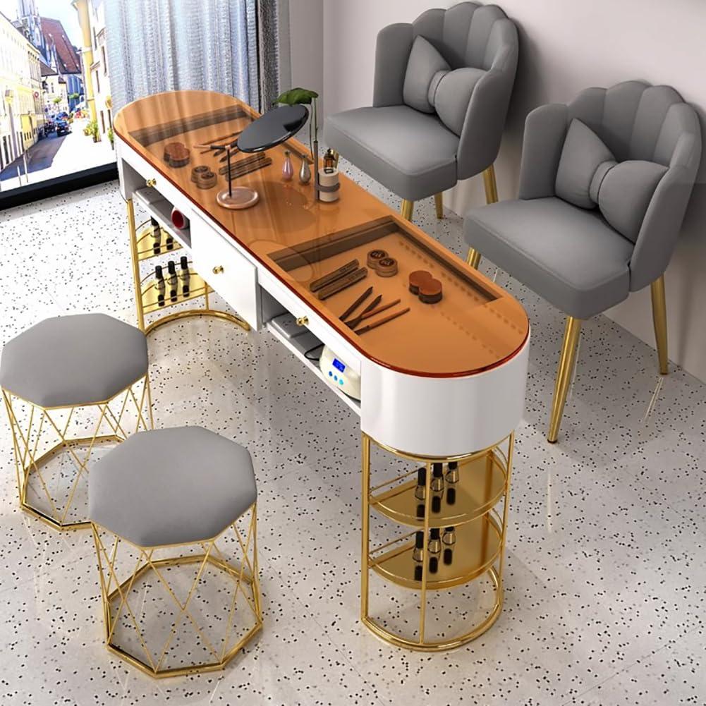BOYITES BOYITES Freestanding Tempered Glass Manicure Table, Modern Art Nail Tech Workstation, Professional Manicure Shop Equipment, Nail Table with Storage Legs, Assembled Manicure Booth,140cm