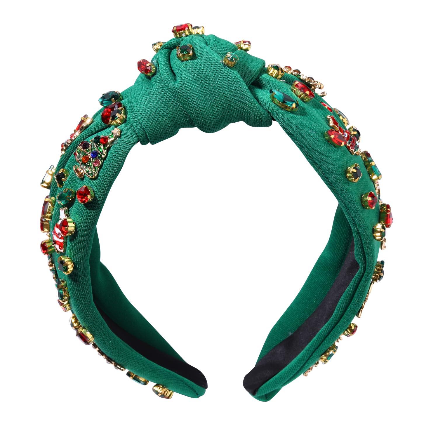 JERTOCLE JERTOCLE Christmas Headband Xmas Headband for Women Christmas Tree Headband Crystal Knotted Headband Holiday Party Headwear Hair Accessories Gift (Green Xmas Tree2)