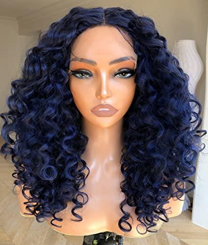 BlackSwern BlackSwern Blue Wigs, Curly Lace Front Wigs Pre Plucked, HD Glueless Lace Curly Wig for Black Women, Big Curly Wig Blue Color