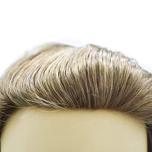 LYRICAL HAIR LYRICAL HAIR Toupee for Men Human Hairpiece Hair System Replacement Fine Mono Lace Durable PU Poly Skin Monofilament Wig Black Brown (8\"x10\", 1740# - 17# Dark Ash Blonde+40% Gray)