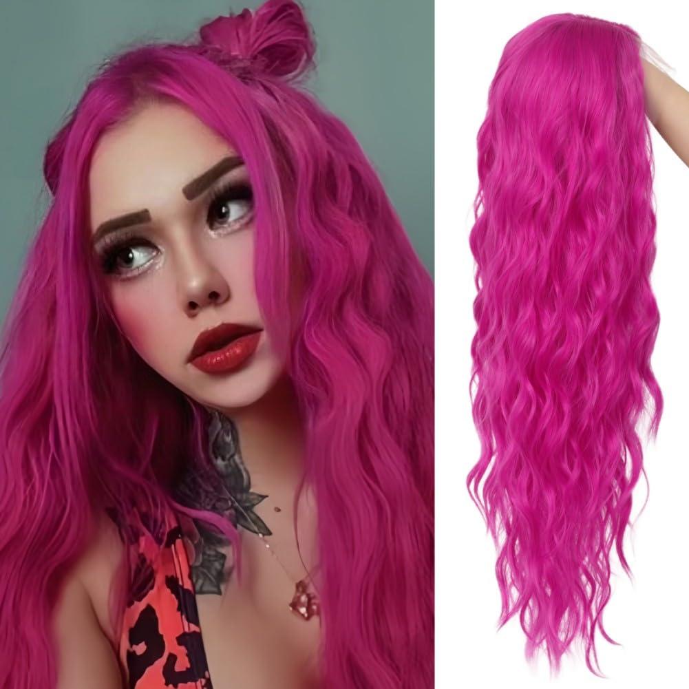 Siudus Siudus Hot Pink Lace Front Wigs for Women Long Curly Wavy Wig Middle Part Synthetic Fibre Halloween Cosplay Wig
