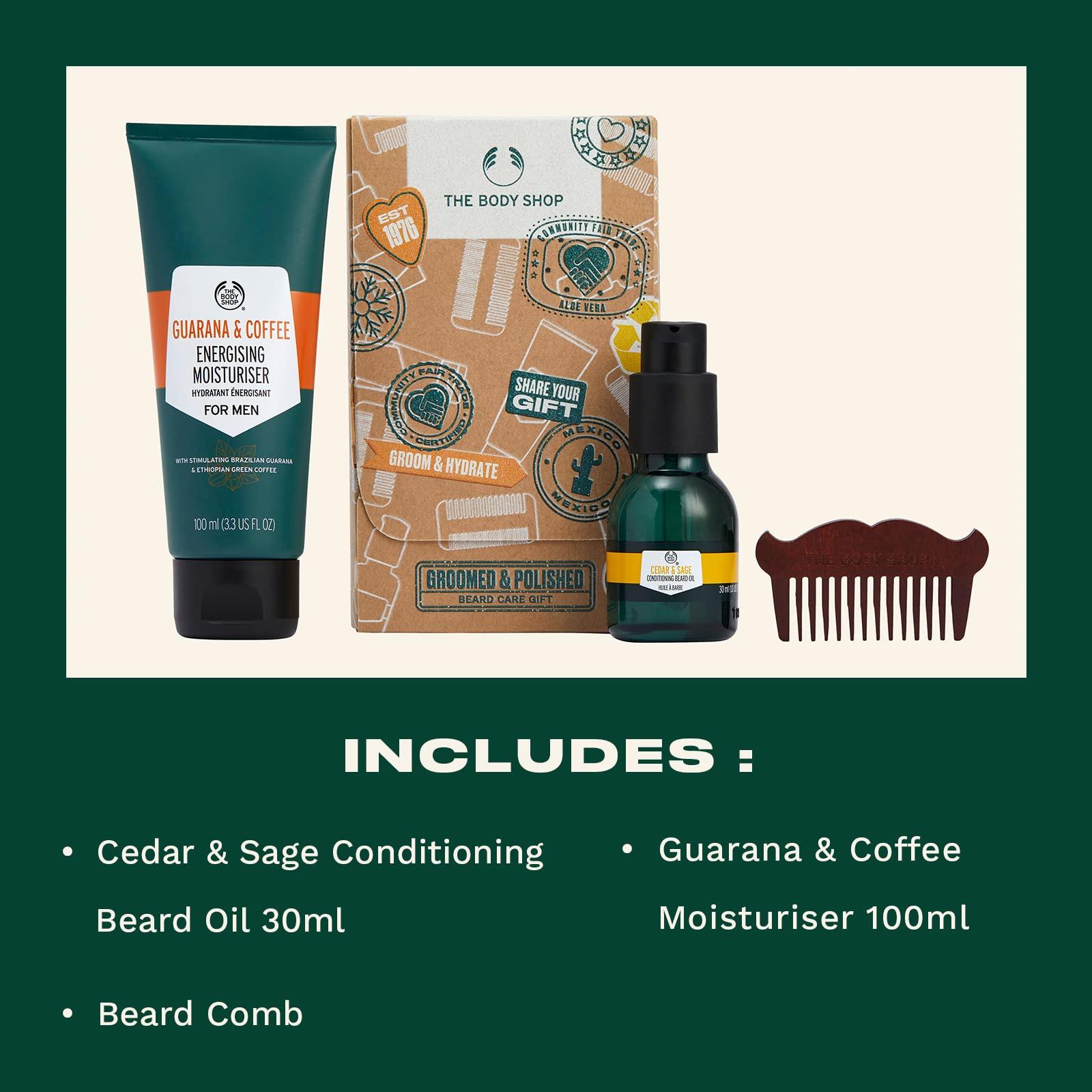 The Body Shop The Body Shop Groomed & Polished Beard Care Gift Set Vegan Cedar & Sage Beard Oil 30 ml Guaran & Coffee Moisturizer and Comb (Pack of 3)