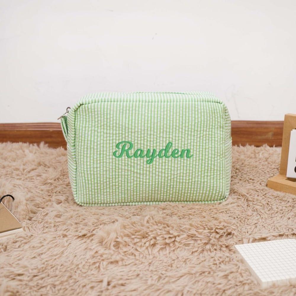 Hainadian Personalized Seersucker Cosmetic Bag, Monogrammed Toiletry Bag, Embroidered Make Up Bag,Bridal Gift, Bridesmaid Proposal Gift, Bridesmaid Makeup Bag, Cosmetic Pouch (Green)
