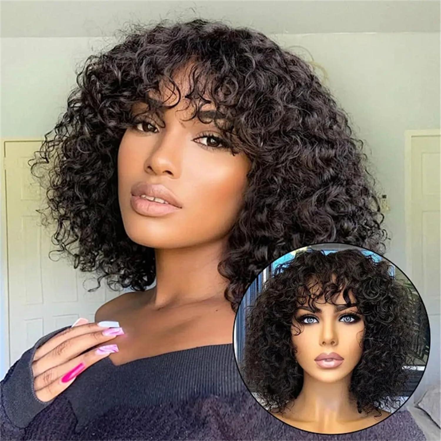 Afinska Afinska Kinky Curly Human Hair Wig Pixie Bob Cut Wig With Bangs Short Pixie Human Hair Wig Curly Pixie Cut Wig Human Hair Natural Black Brazilian Glueless Short Wig Bob Wigs Human Hair