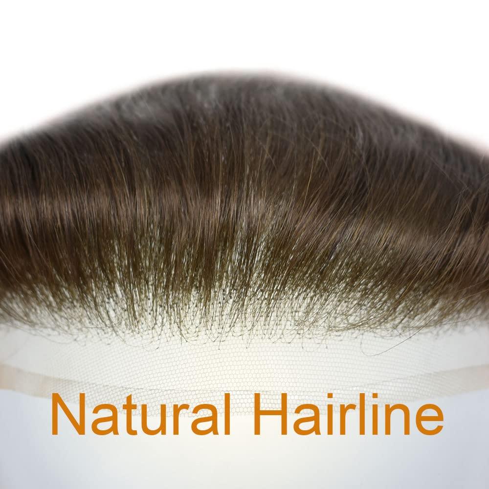 Curve Hair Lace Front Mens Receding Hairline Human Hair System Natural Mens Frontal Hairpiece V-Shape Thin Skin Poly Pu Forehead Replacement (4cmX18cm, 2 Darkest Brown-90% Light Density)