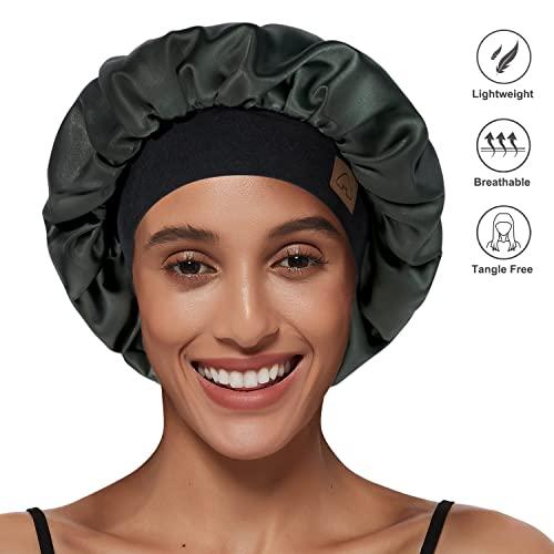 Hat Hut HAT HUT Satin Silk Bonnet for Curly Hair Sleep Cap for Women Sleeping Adjustable Hair Bonnet with Pattern Double Layer (OLIVE GREEN)