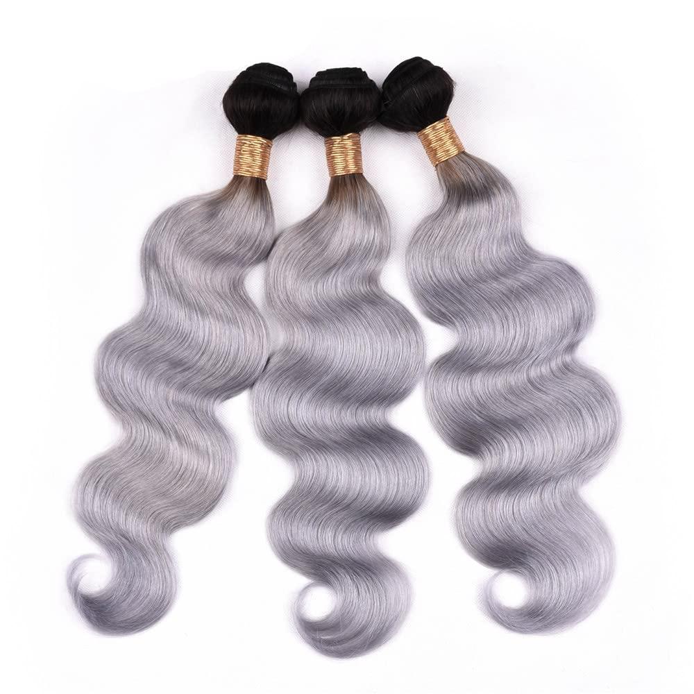 Capurchra Grey Bundles Ombre Body Wave Human Hair 3 Bundles 100% Unprocessed Virgin Weave Extensions Black To Grey Body Wave Human Hair Bundles for Women 22 24 26 Inch