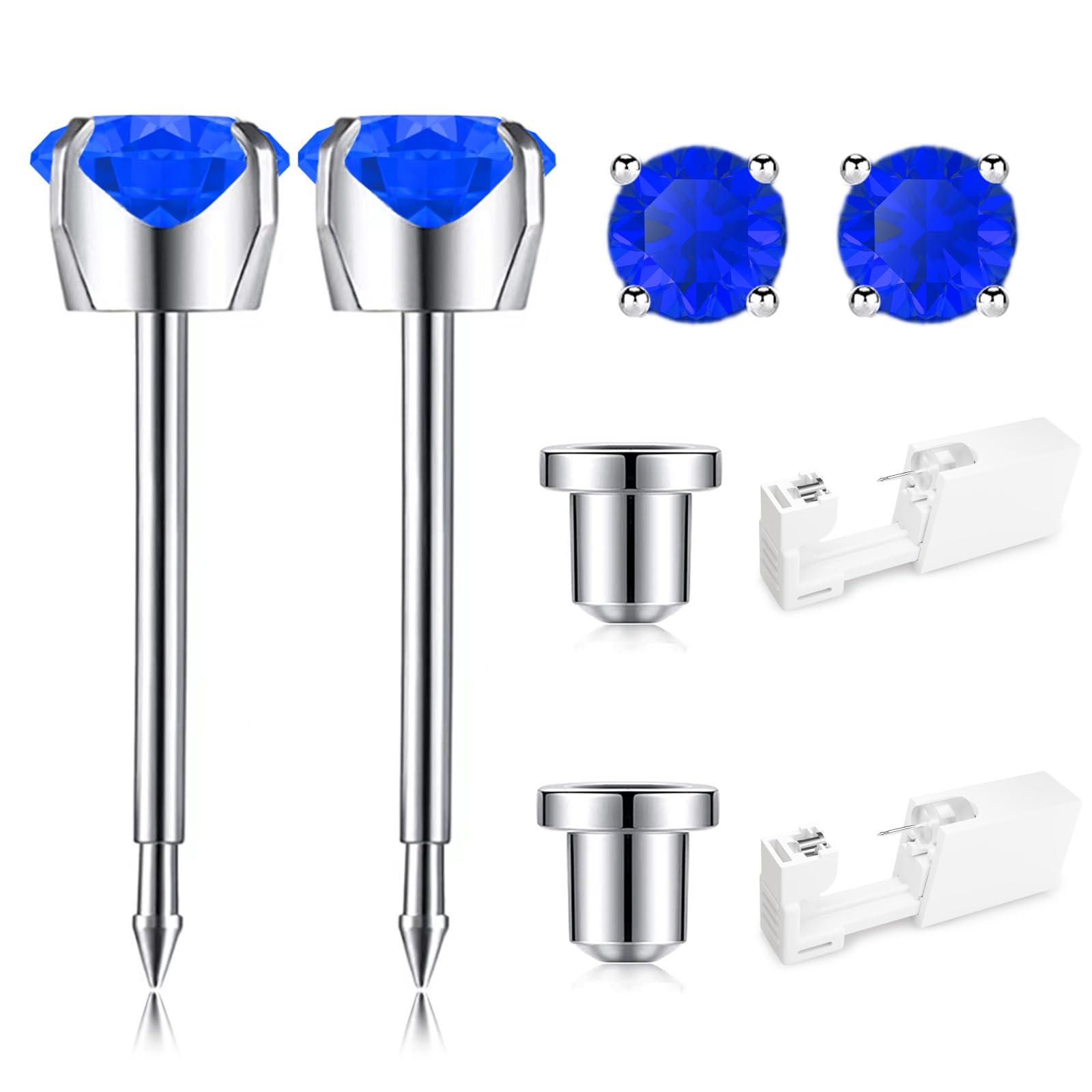 SugarTang SugarTang Ear Piercing Kit, Disposable Ear Piercing Gun Kit, 316L Surgical Stainless Steel 4mm Prong Set Cubic Zirconia Stud, At Home Self Ear Piercer Kit with Birthstone Earrings Stud (Sapphire)