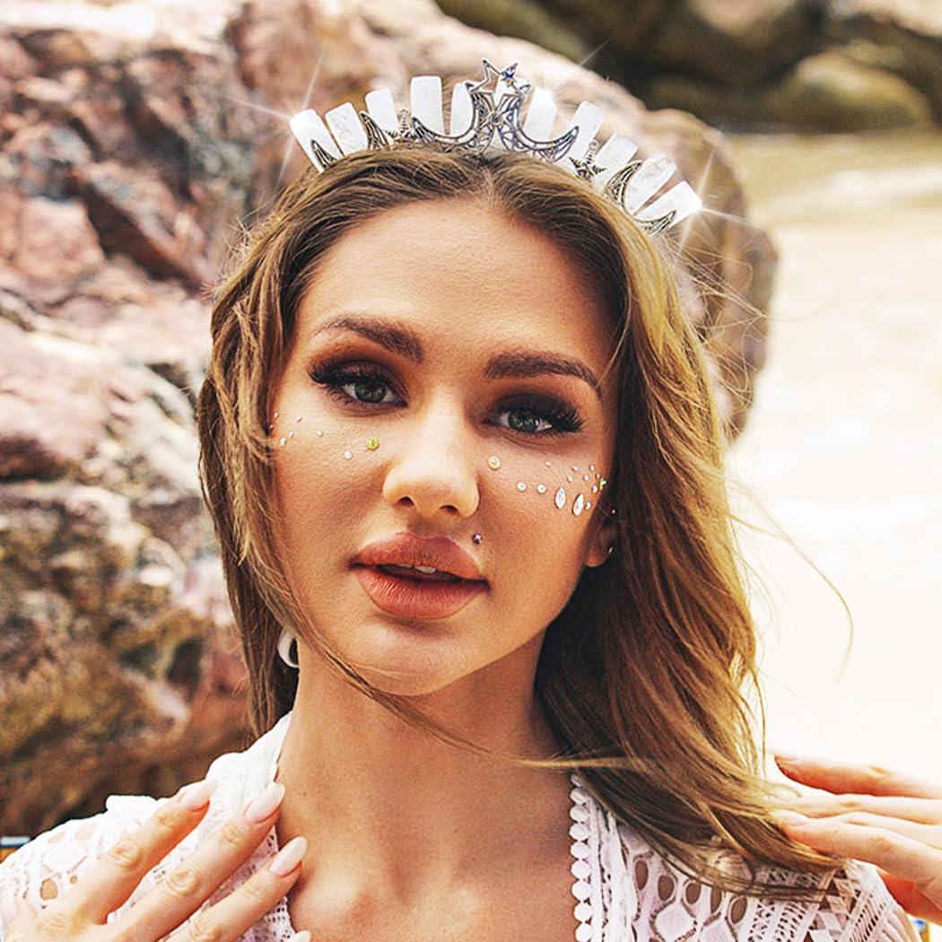 Formery Formery Star White Quartz Headband Silver Crescent Moon Natural Stone Crown Hairband Halloween Cosplay Wedding Crystal Tiara Headpiece for Women