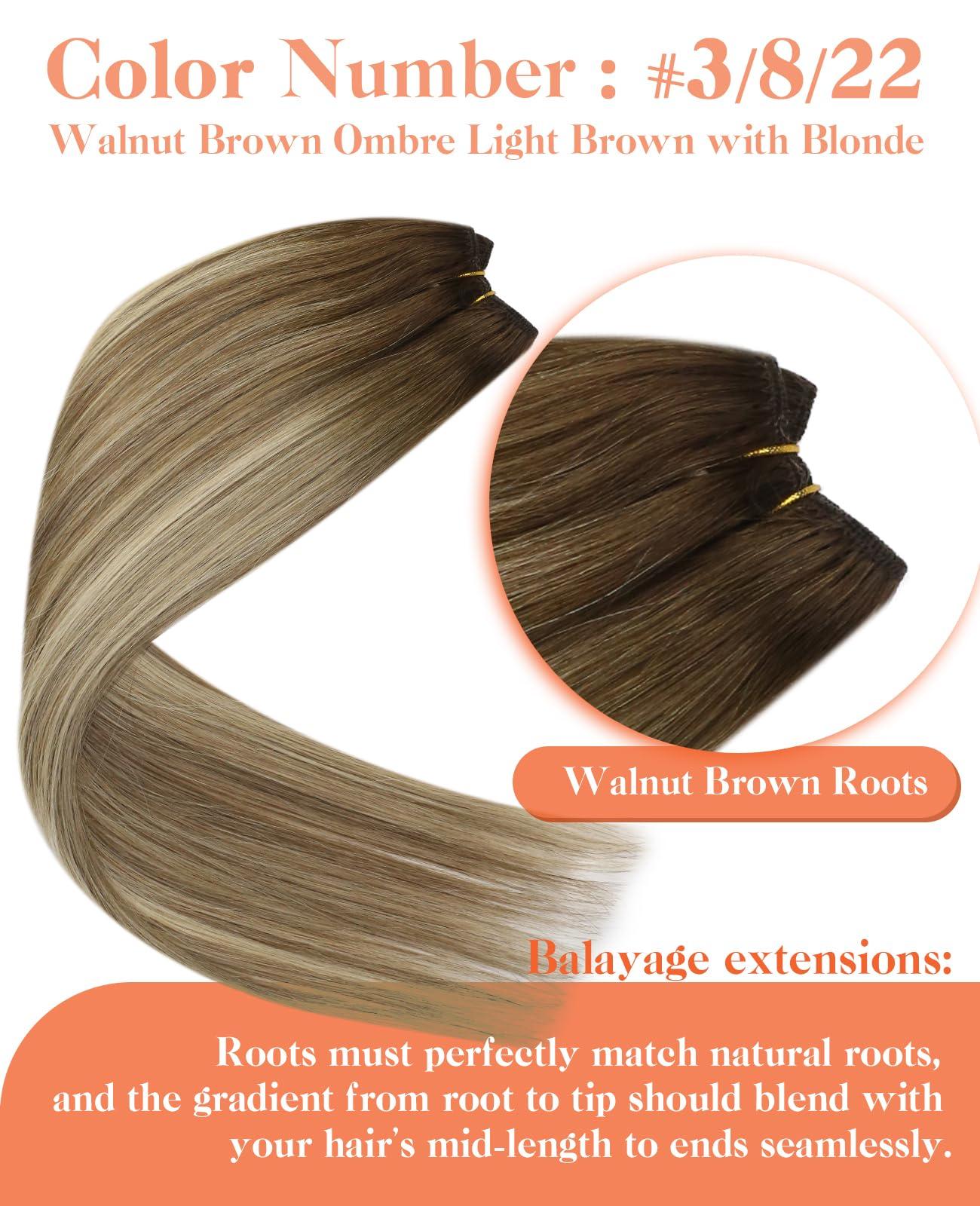 Sunny Hair Sunny Hair Beaded Weft Hair Extensions Human Hair 50G Micro Bead Hair Extensions Real Human Hair Vigorous Weft Hair Extensions with Micro Beads Cool Brown Balayage Light Brown to Blonde 16 inch