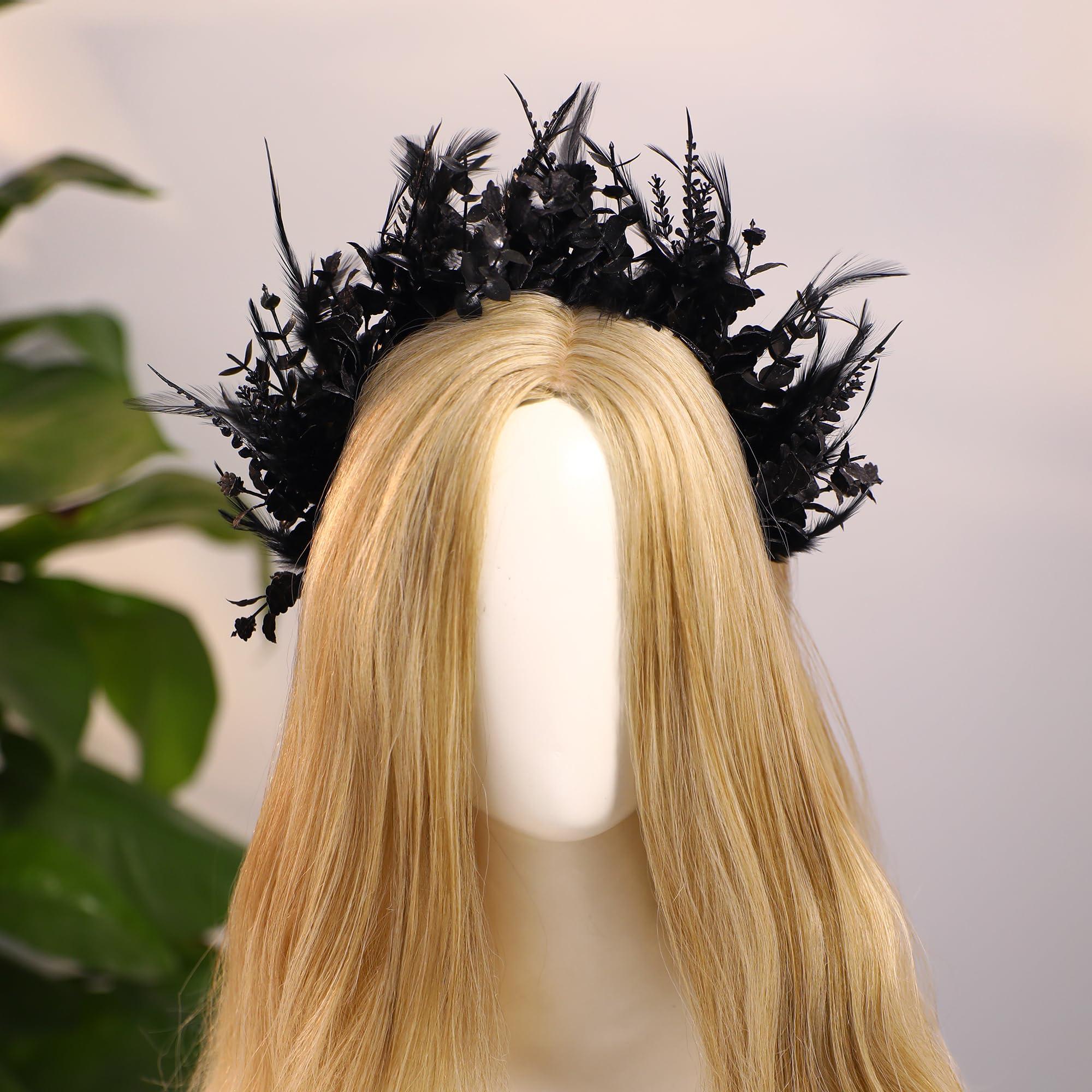 MOSTORY MOSTORY Black Feather Halo Crown - Handmade Dark Feather Headband Gothic Floral Hairband for Women Girls Witch Goth Wedding Renaissance Cosplay Prom Party Fae Ball Photo Shoot