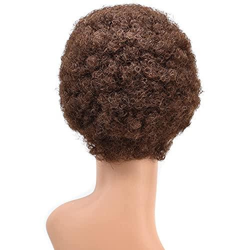SINGA HAIR SINGA HAIR Human Hair Afro Wigs Short Brazilian Hair African American Curls Wig for Black Women Full Volume Cap Afro Wig (4# Medium Brown)