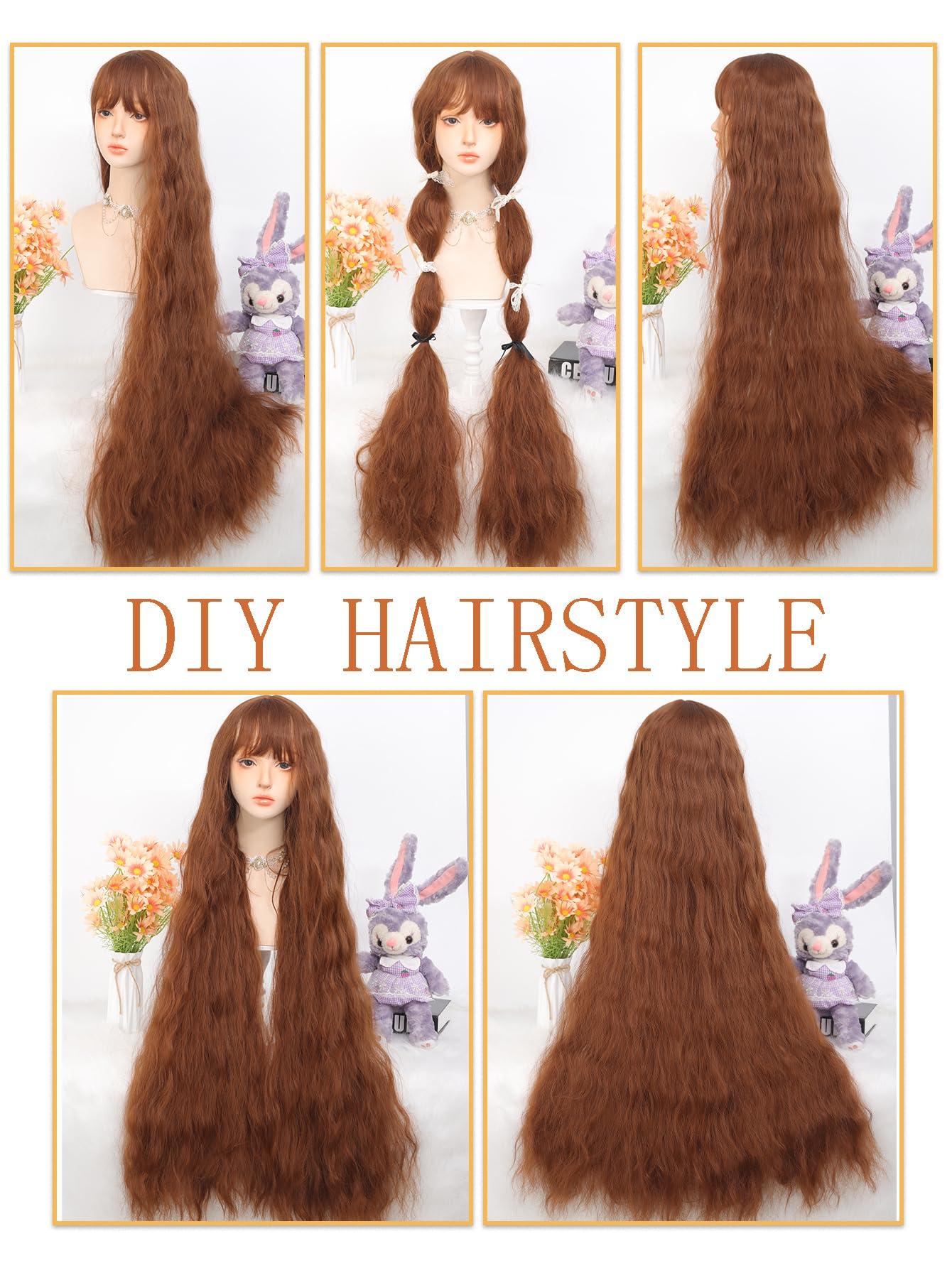 AOSIWIG AOSIWIG 44 Inch Extra Long wig,Wig with Bangs for Women long Wavy Ombre Caramel Brown Synthetic Wigs Heat -resistant hair, long cosplay curly hair for daily party(caramel colour)