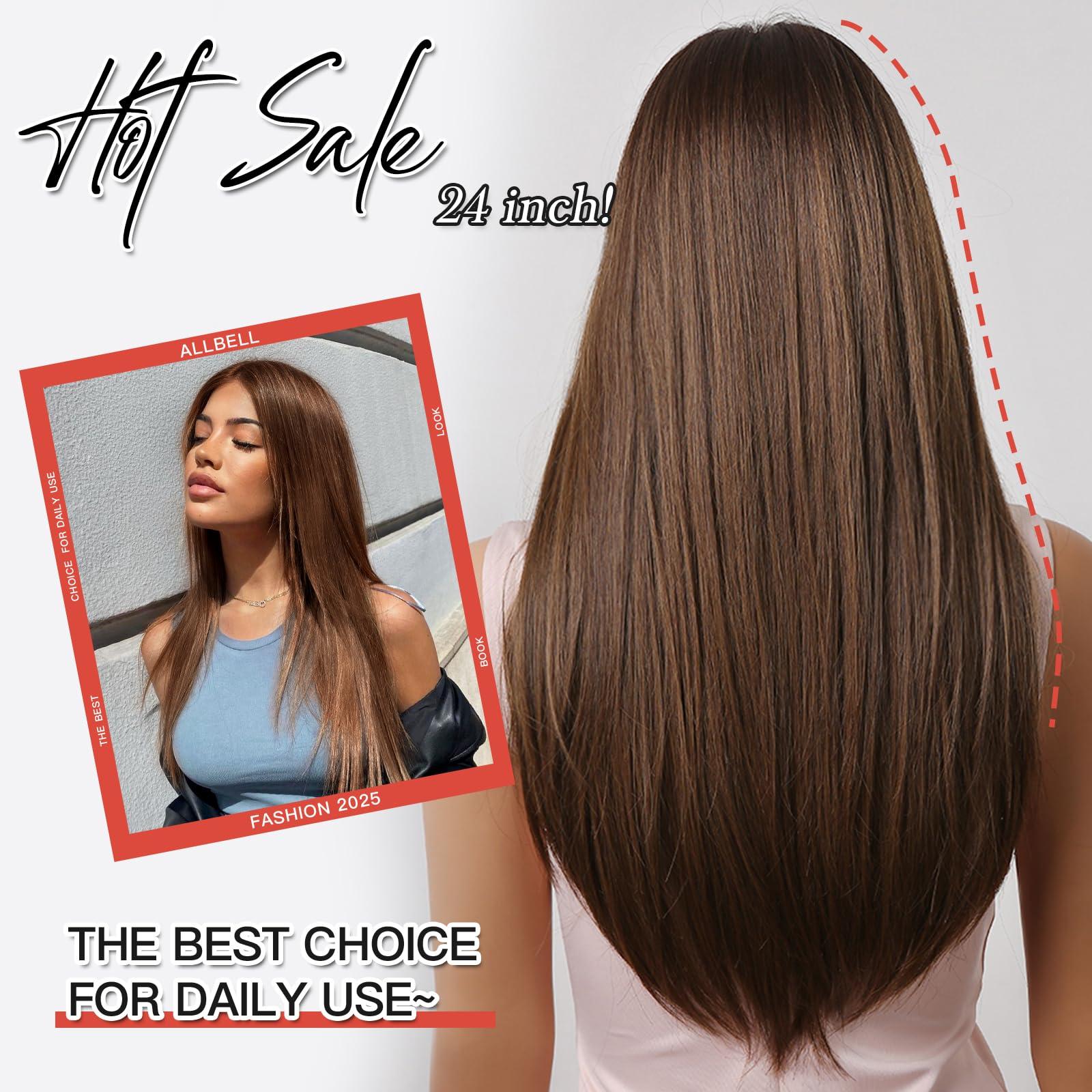 Allbell Allbell Brown Wigs for Women Long Straight Wig Layered Brown Hair Wig 24Inch Middle Part Dark Brown Wig Natural Heat Resistant Synthetic Fiber Wig for Party Halloween