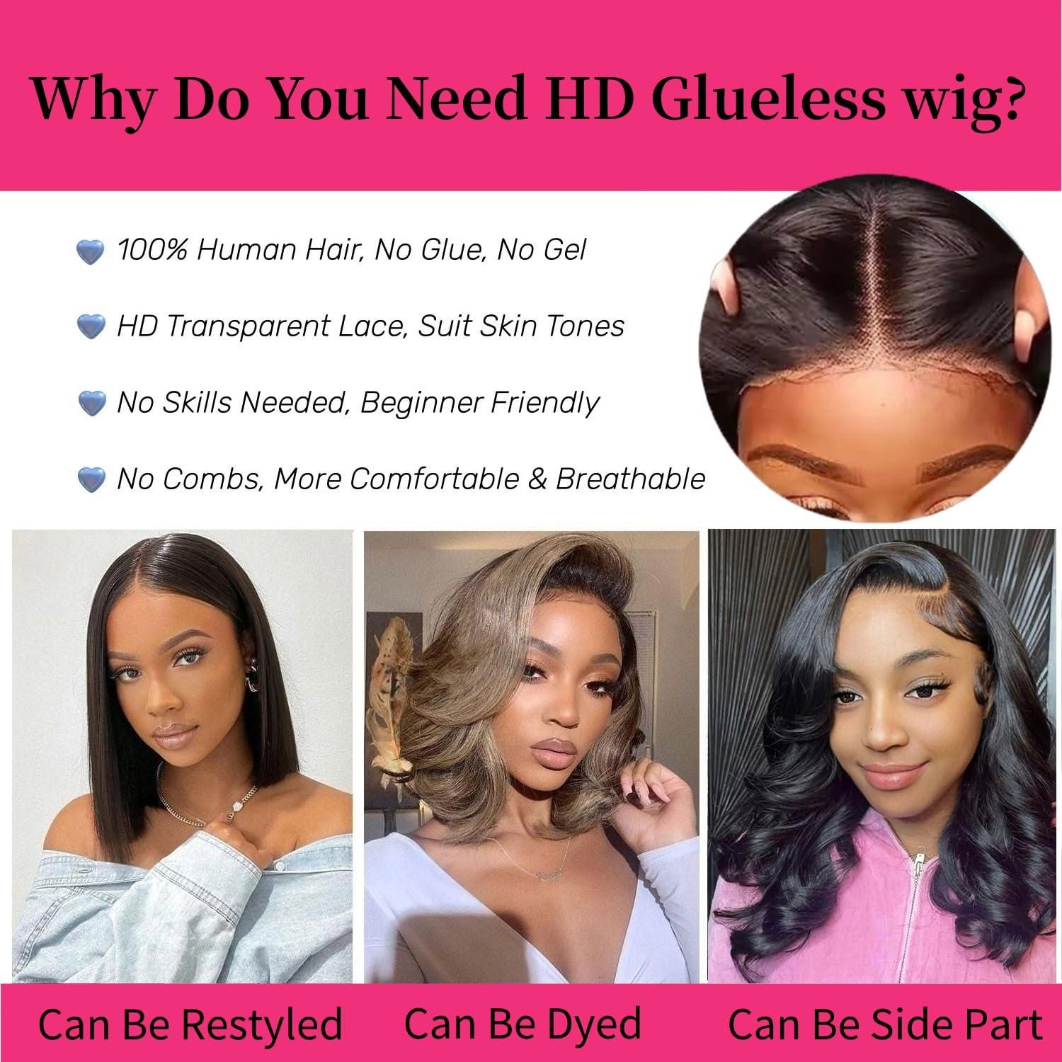 Qmaple Wear and Go Glueless Wigs Human Hair Pre Plucked Pre Cut 13x4 Body Wave Bob Wig Human Hair Upgraded No Glue Pre Cut HD Lace Front Wigs Human Hair Short Bob Human Hair Wigs for Black Women 16Inch