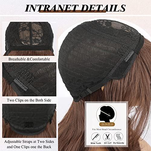 LEOSA LEOSA Dark Brown Wig with Curtain Bangs Layered Wig for Women Brown Hair Wig Shoulder-Length Wavy Wig Long Dark Brown Synthetic Wigs with Bangs for White Women Medium Brown Wig for Daily Party Use