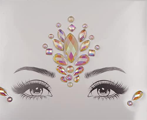 Topz glow in the dark face tattoos face jewels rave makeup face gems temporary tattoo fluorescence face crystals rhinestone sticker for new year pool dance party(tp343 flower)