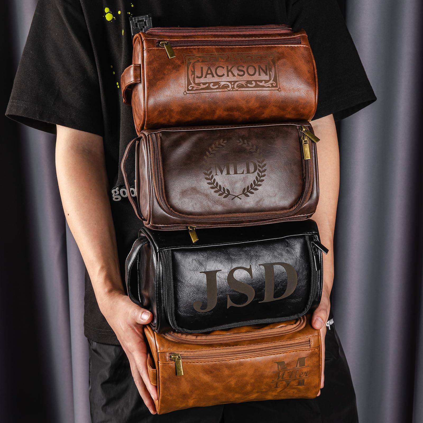 Bleggeit Bleggeit Personalized Leather Toiletry Bag For Men with Hook, Groomsmen Gifts Travel Bag Laser Engraved Name Monogram Leather Gift For Him Husband Father Leather Dopp Kit with Side Handle
