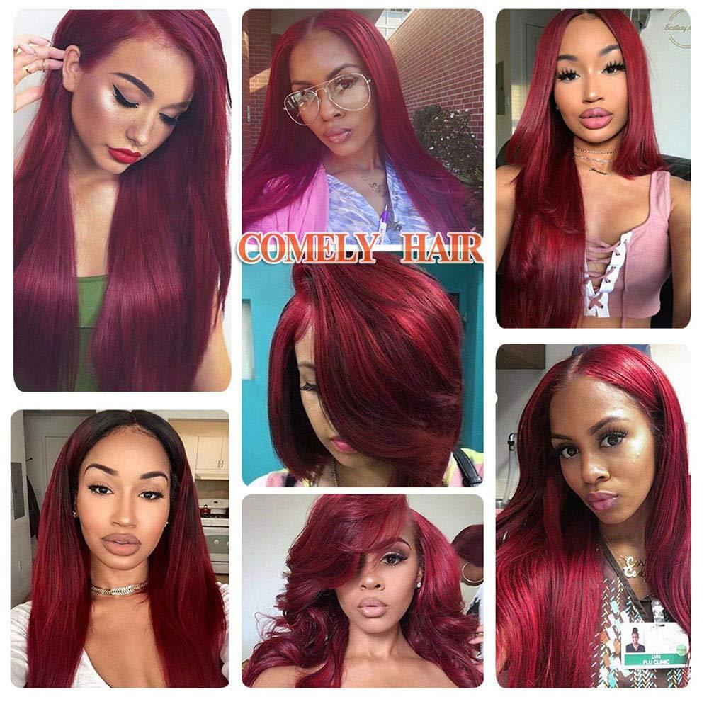 USHUIUS 99J Burgundy Hair Bundles With Closure Human Hair, Wine Red Straight Human Hair Bundles With 4x4 Lace Closure Brazilian Weave Hair Extensions 3 Bundles with Closure (14 16 18+12)