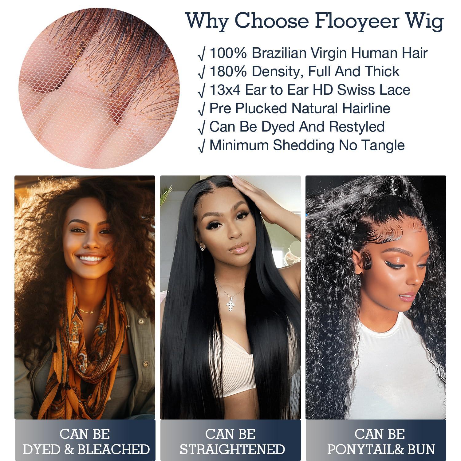 flooyeer 22 Inch Deep Wave Lace Front Wigs Human Hair, 180% Density 13x4 Real HD Lace Full Frontal Wigs Glueless Wigs Human Hair Pre Plucked Hairline Bleached Knots Hair Wig with Baby Hair
