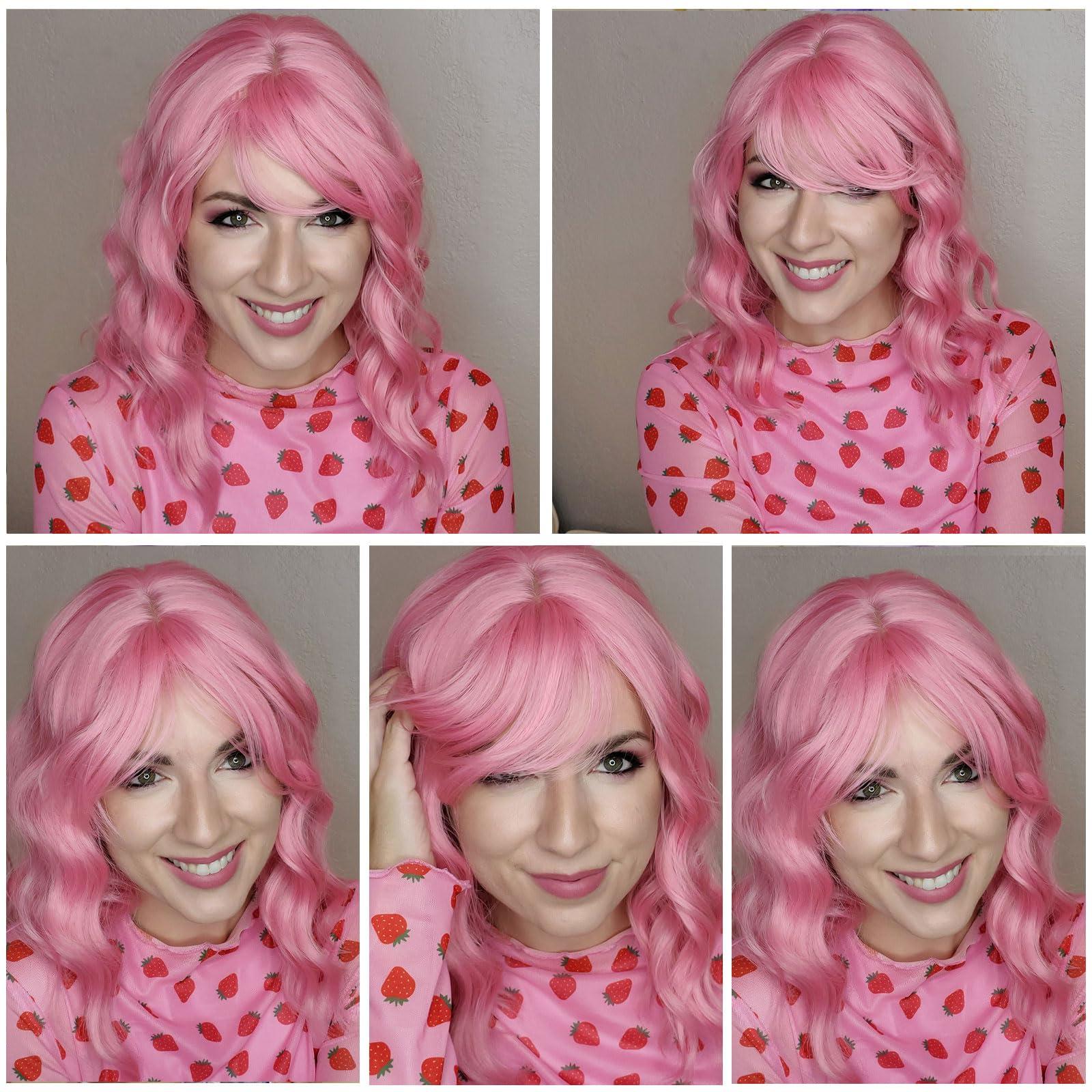HAIRUP HAIRUP Light Pink Wig with Bangs for Women, Short Wavy Curly Bob Wig Pastel Pink Wigs 14 Inch Medium Length Colored Wig Party Cosplay Halloween Wigs