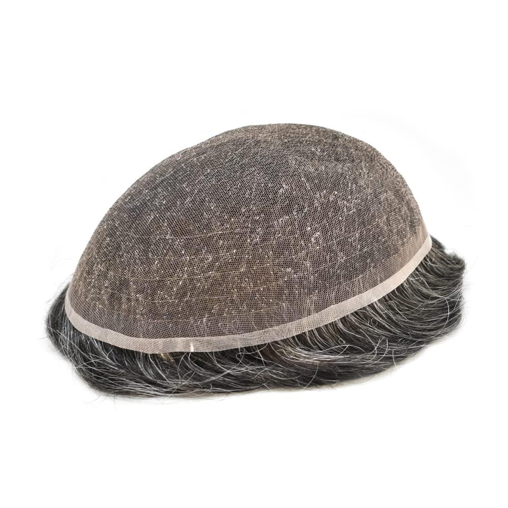 Hair Wonders Toupee For Men Real Human Hair Mens Toupee Hair Replacement System Swiss Lace Hair Piece For Men Hair System6x9\"-100% light to medium density#1B20 1B# OFF BLACK+20% GREY